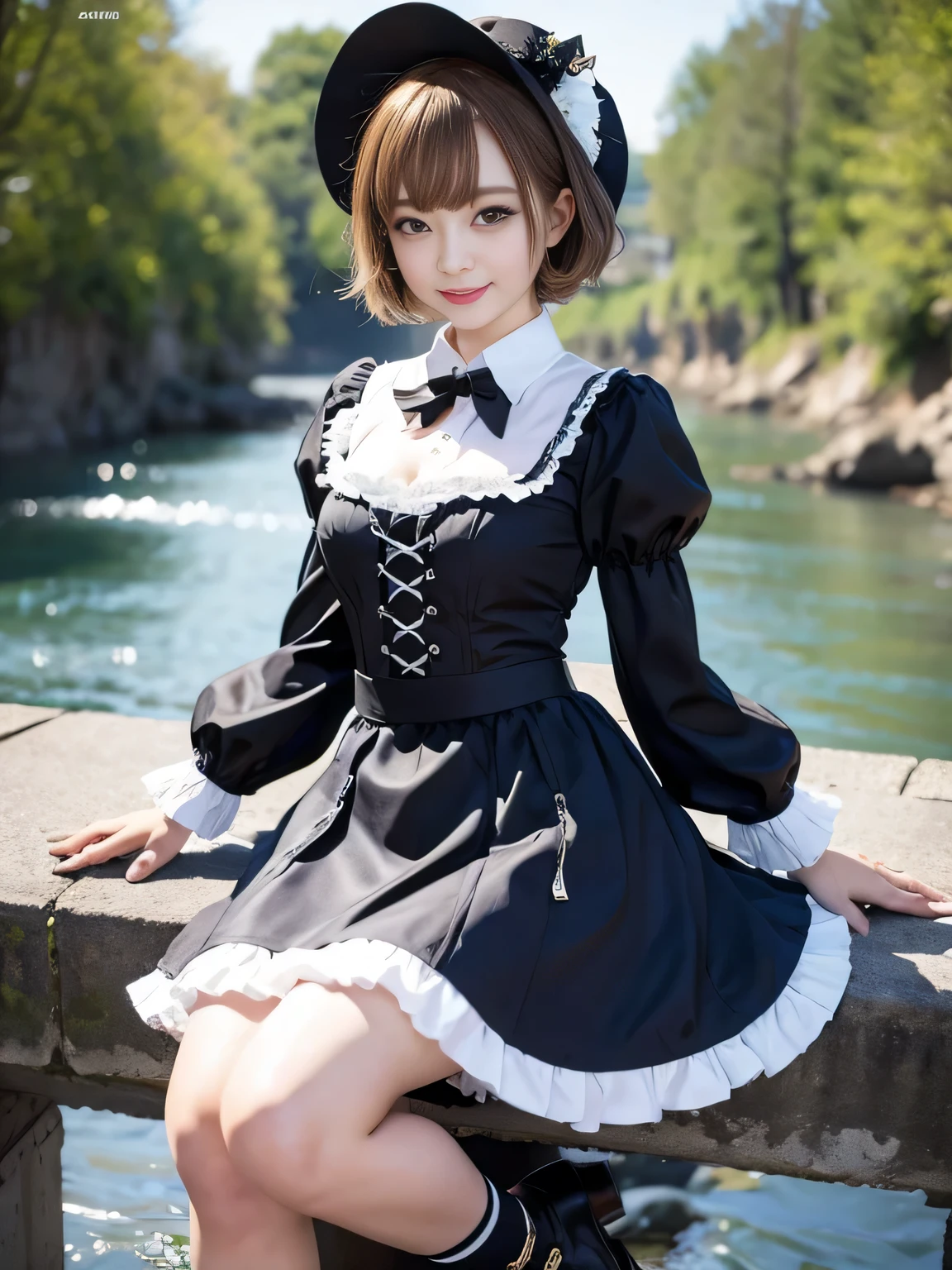 Short Bob、(Full body portrait:1.5)、18-year-old、smile、Laugh with your mouth open、Childish、Thighs、Slim and flat chested、Small breasts、Highest quality,masterpiece,Ultra-high resolution,(Actual:1.4),Original photo,Ultra-high resolution,8K,There are also women,Gothic Lolita Uniform、Maid Costume Cosplay、River Scenery、With confidence, Beautiful and generous,Please lift up your skirt and show me your pants.、