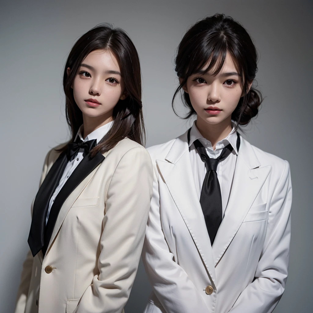 yearbook photo of one 1 with shoulder length short brown hair,with a mature face, wearing white with black blazer and black tie,holding the tie and very pretty, with plain background, bust shot