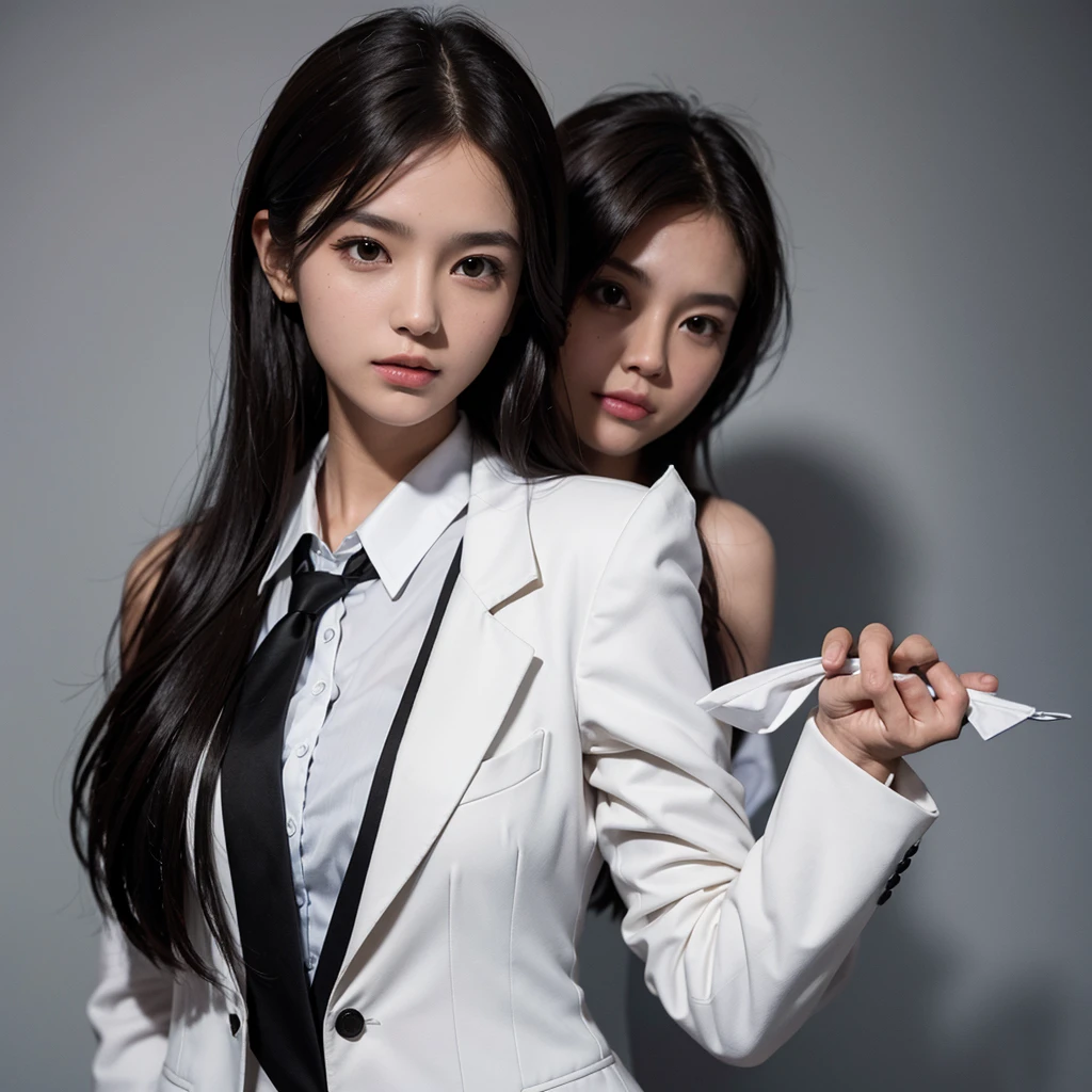 yearbook photo of one 1 with shoulder length short brown hair,with a mature face, wearing white with black blazer and black tie,holding the tie and very pretty, with plain background, bust shot