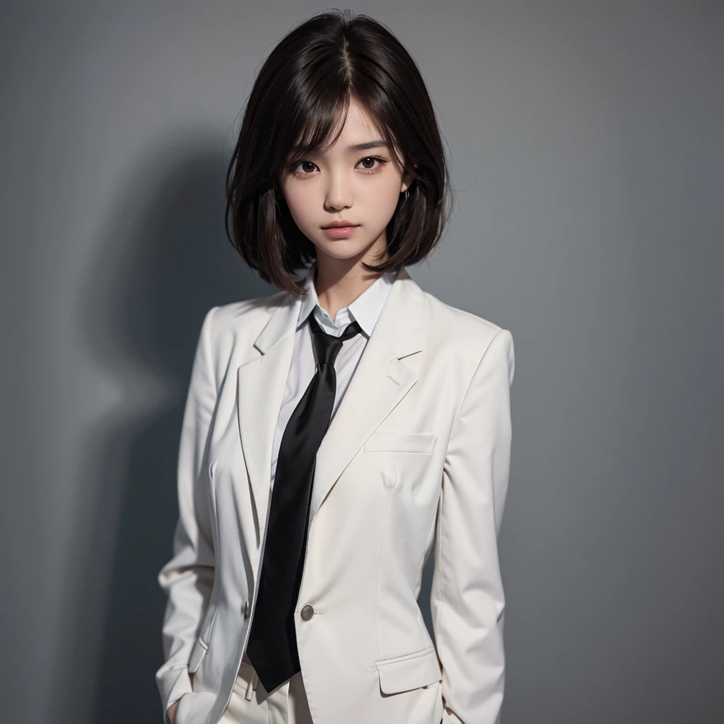 yearbook photo of one 1 with shoulder length short brown hair,with a mature face, wearing white with black blazer and black tie,holding the tie and very pretty, with plain background, bust shot