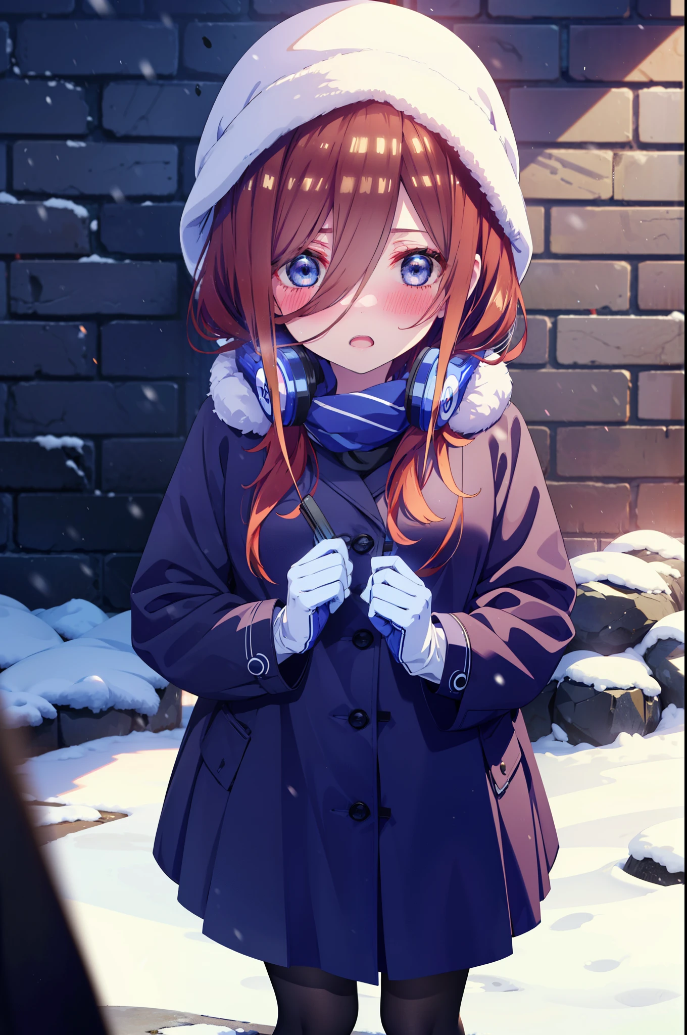 Mikunakano, miku nakano, Long Hair, bangs, blue eyes, Brown Hair, shirt, Hair between the eyes,blush, Open your mouth,White Breath,Scarf,Headphones around neck,Knitted hat,Blue long coat,V-neck sweater,Long skirt,Black pantyhose,short boots,Fluffy gloves,Standing leaning against a wall,Snow is piled up,It&#39;s snowing,whole bodyがイラスト入るように,Hidden in a building with a roof,
break outdoors, Building district,
break looking at viewer, whole body,
break (masterpiece:1.2), Highest quality, High resolution, unity 8k wallpaper, (figure:0.8), (Beautiful attention to detail:1.6), Highly detailed face, Perfect lighting, Highly detailed CG, (Perfect hands, Perfect Anatomy),