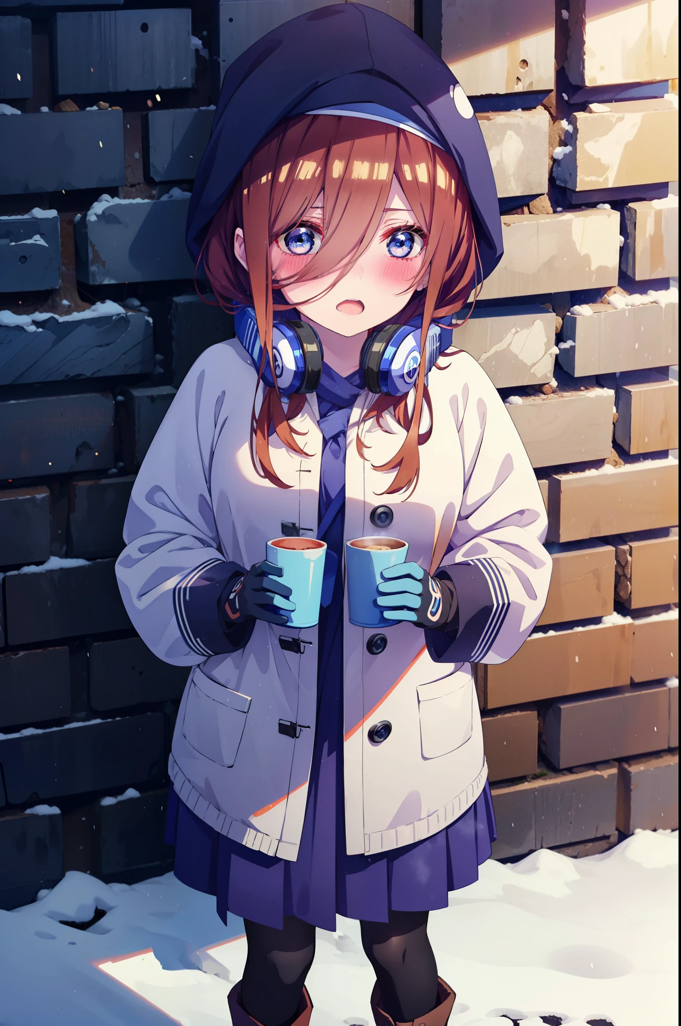 Mikunakano, miku nakano, Long Hair, bangs, blue eyes, Brown Hair, shirt, Hair between the eyes,blush, Open your mouth,White Breath,Scarf,Headphones around neck,Knitted hat,Blue long coat,V-neck sweater,Long skirt,Black pantyhose,short boots,Fluffy gloves,Standing leaning against a wall,Snow is piled up,It&#39;s snowing,whole bodyがイラスト入るように,Hidden in a building with a roof,
break outdoors, Building district,
break looking at viewer, whole body,
break (masterpiece:1.2), Highest quality, High resolution, unity 8k wallpaper, (figure:0.8), (Beautiful attention to detail:1.6), Highly detailed face, Perfect lighting, Highly detailed CG, (Perfect hands, Perfect Anatomy),