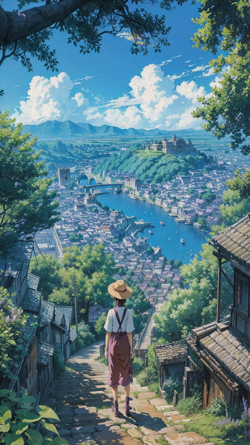 animesque、Skyscape with clouds、Purple sunset sky、Deities々Shikai、stairway、You can see the touch of the brush、no human figures、Studio Ghibli、Ghibli、Scenery、Style、The light is sparkling、sky line