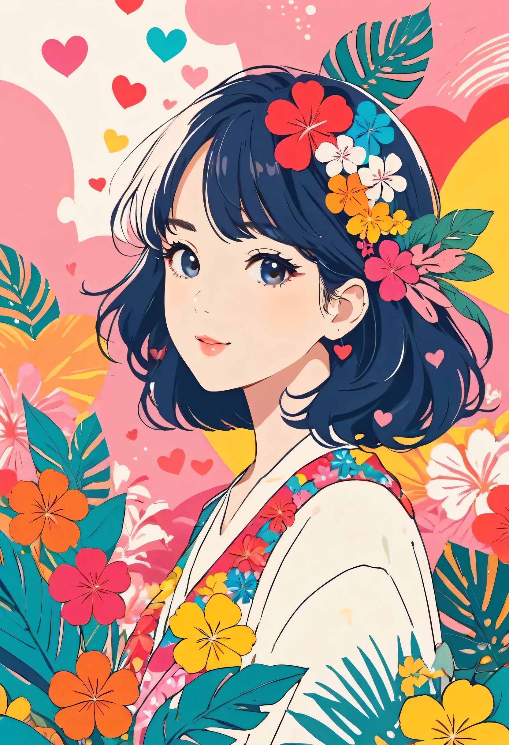 Mika Pikazo style, Simple Line Initialism,Abstract art,Kawaii Design, The most beautiful girl of all time、 The background is hawaii, colorful hearts, colorful flowers,
