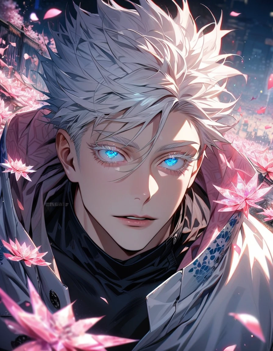 Ultra detailed, Highres, absurdres, HDR, Gojou Satoru, white hair with bangs, expressive blue eyes, white eyelashes, Jujutsu Kaisen, white long coat with patterns, pink ice flowers, petals, extremely handsome, sexy man, solo, extremely detailed eyes and face, pink ice, pink ice butterflies, black tight t-shirt,