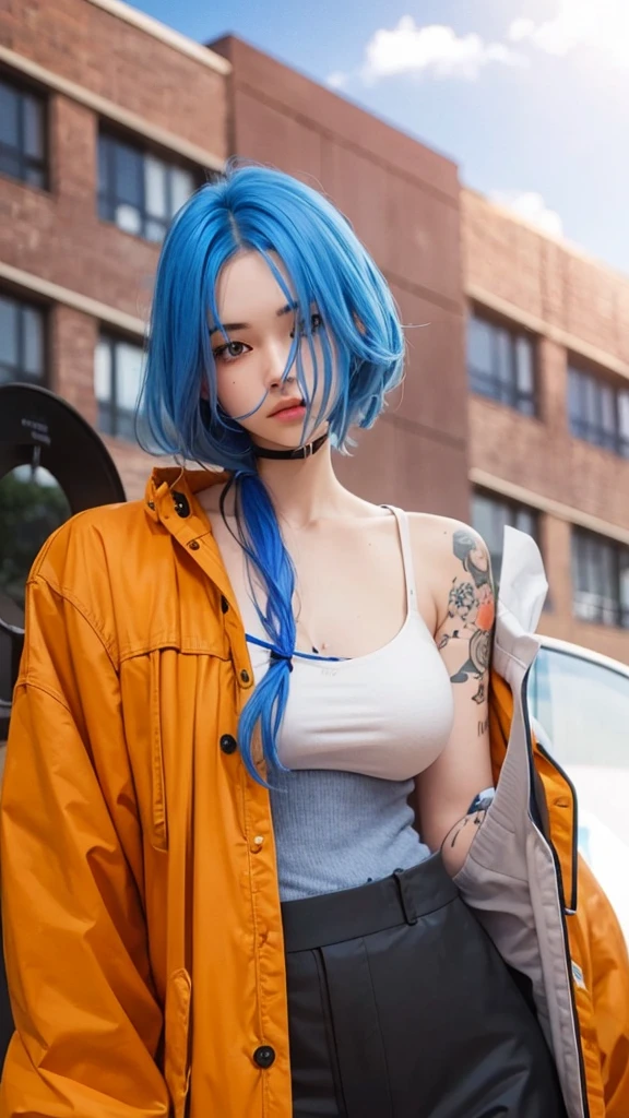 Cute girl with blue hair and orange jacket standing in front of a building, realistic