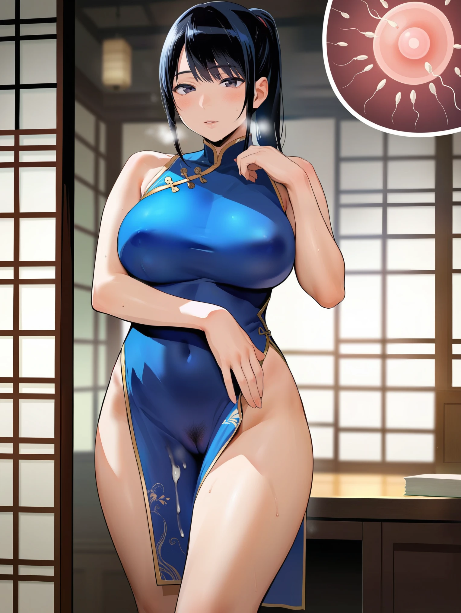 score_9, score_8_up, source_anime, solo, 1girl, dress, big breasts, young, ikuchan, black hair, black hair, oriental, Chinese dress, short dress, indoors, aftersex, cum drip, (impregnation risk), ovum, nice hips, pussy, pubic hair, ponytail, partially dressed, money,