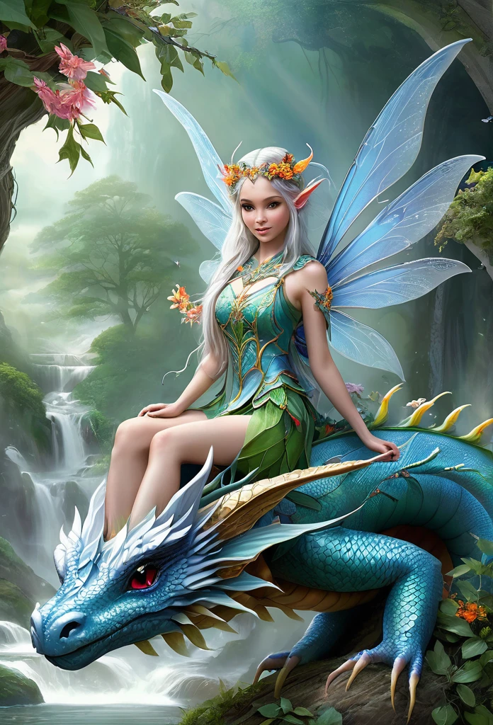 faerie,(full body),elf ears,dragonfly wings, ,hair decorated with flowers, Branches and Leaves, she's ridin on a beautiful dragon,around a scene of magic,,a bit of mist(high qualiy),(refined details),(work of art)