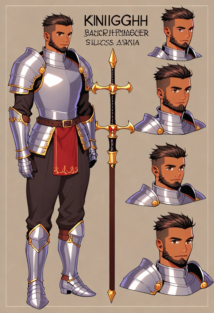 score_9, score_8_up, score_7_up, score_6_up, score_5_up, score_4_up, BREAK source_anime, 1girl, male, knight, silver armor, tanned skinned, dark hair, dark beard, Creative design, full body, Reference sheet, Character sheet