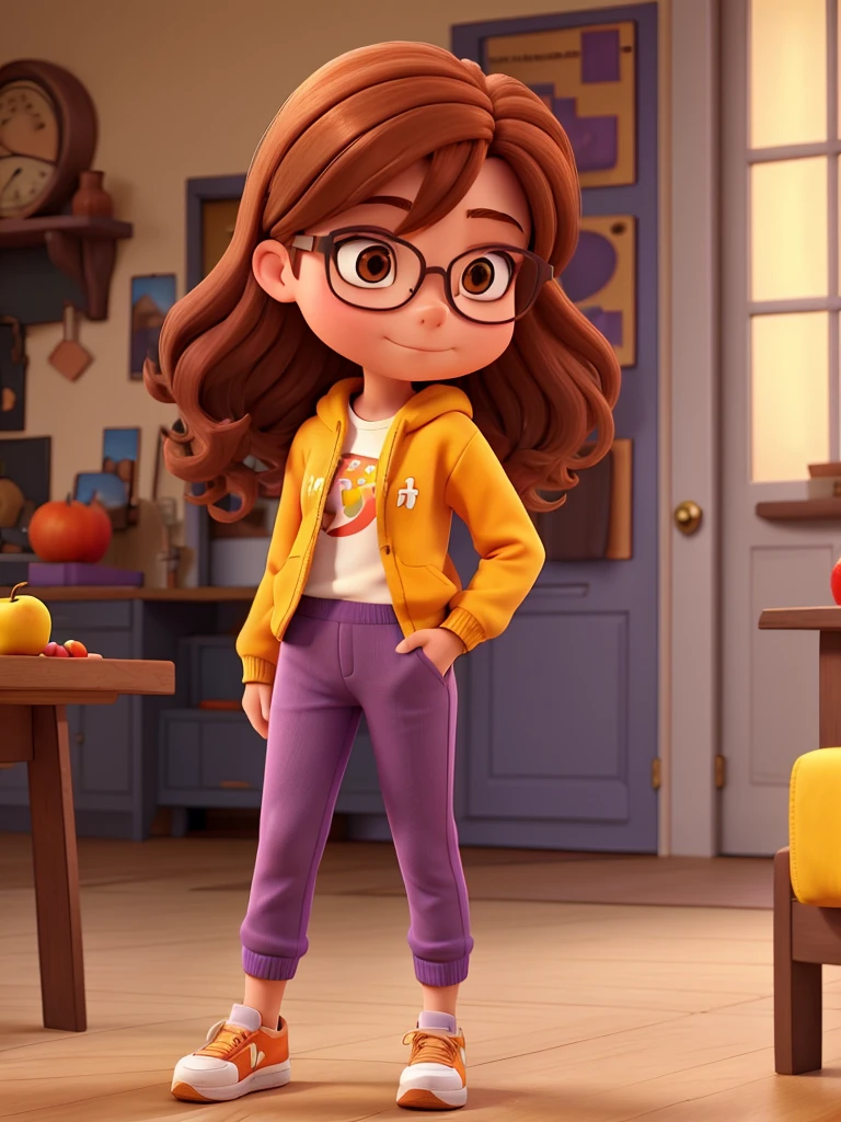 A brunette girl with dark orange hair wearing glasses, a yellow sweatshirt, gray pants and lilac sneakers, holding an apple