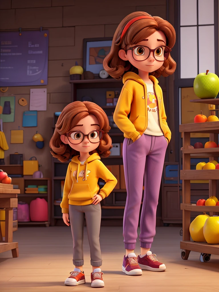 A brunette girl with dark orange hair wearing glasses, a yellow sweatshirt, gray pants and lilac sneakers, holding an apple