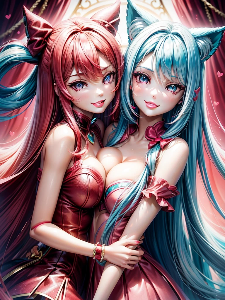 (( barbie red teal blue hair color)), pink eyes,sexy woman, cat ears, hearts, floating hearts, face only, long hair, smiling, hair ornament, up close face, closed mouth smile, up closeface, hair bows, sexy body