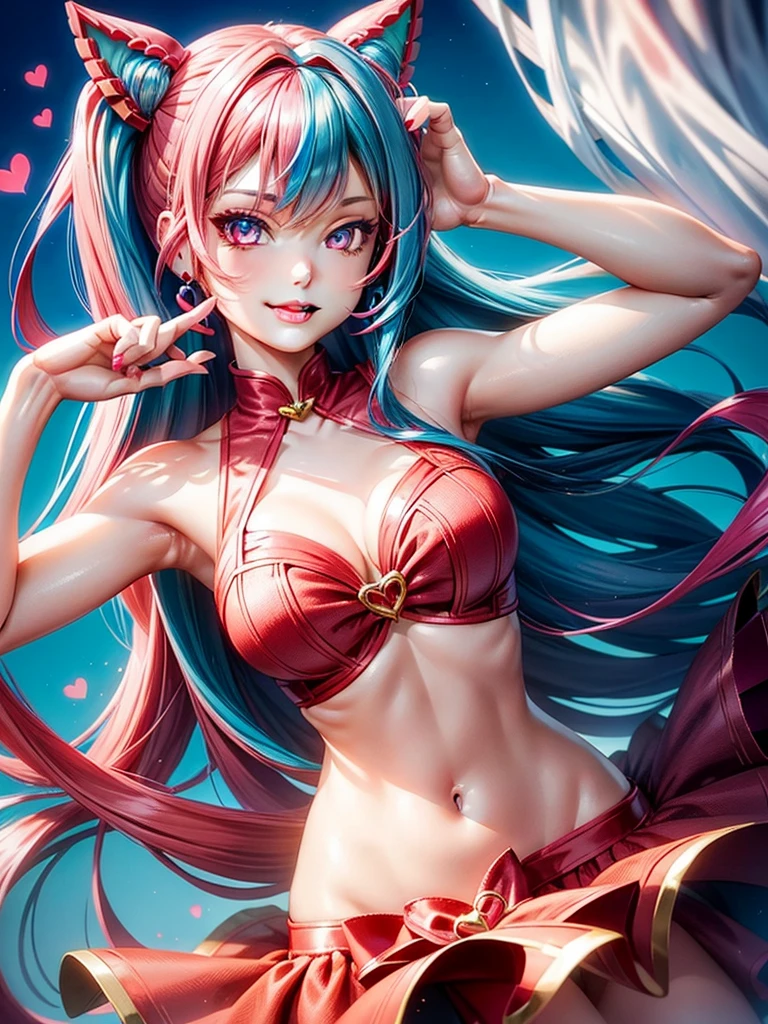 (( barbie red teal blue hair color)), pink eyes,sexy woman, cat ears, hearts, floating hearts, face only, long hair, smiling, hair ornament, up close face, closed mouth smile, up closeface, hair bows, sexy body