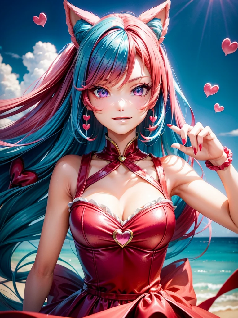 (( barbie red teal blue hair color)), pink eyes,sexy woman, cat ears, hearts, floating hearts, face only,  long hair, smiling, hair ornament, up close face, closed mouth smile, up closeface, hair bows, sexy body 