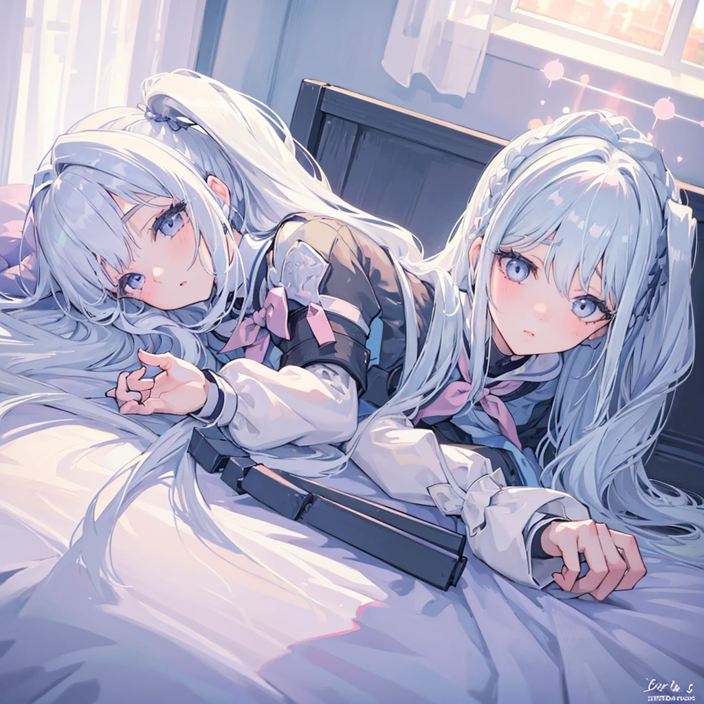 ((masterpiece)), ((Best Quality 4k)), (Ultra-detailed), anime style, cute, 1 girl lying on the bed, beautiful detailed eyes, beautiful detailed lips, extremely detailed face, long eyelashes, serene expression, soft lighting, pastel colors, dreamy atmosphere, peaceful, cozy bedroom interior, silk sheets, plush pillows, sunlight filtering through curtains