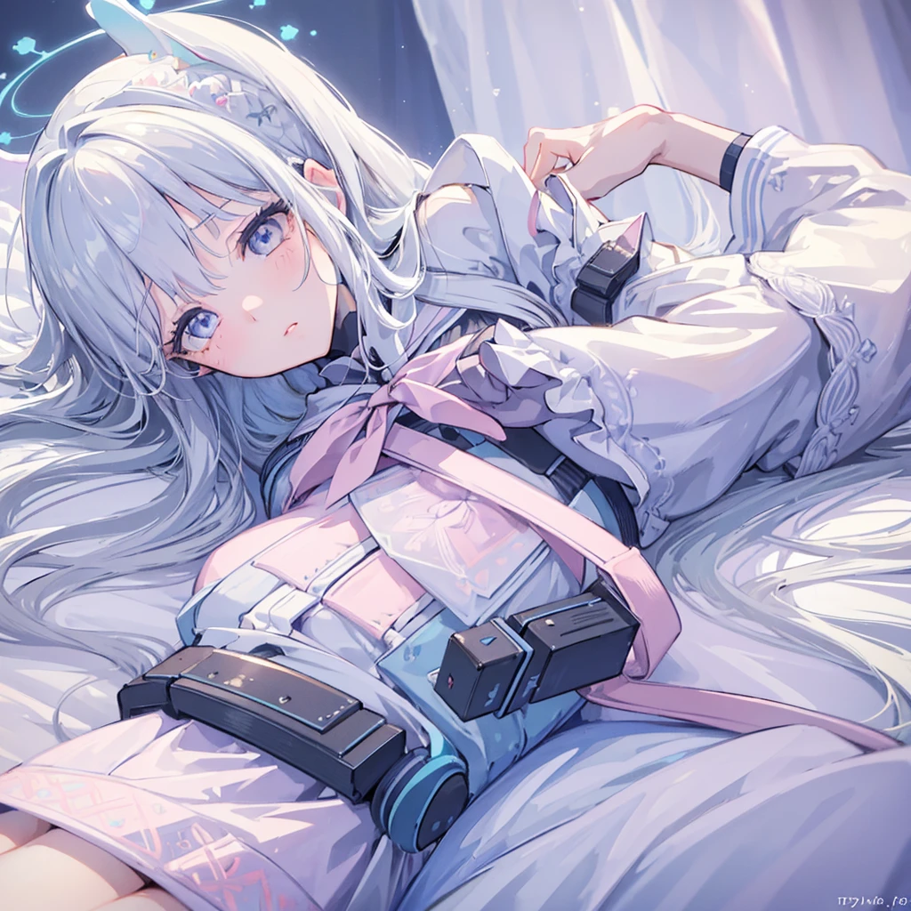 ((masterpiece)), ((Best Quality 4k)), (Ultra-detailed), anime style, cute, 1 girl lying on the bed, beautiful detailed eyes, beautiful detailed lips, extremely detailed face, long eyelashes, serene expression, soft lighting, pastel colors, dreamy atmosphere, peaceful, cozy bedroom interior, silk sheets, plush pillows, sunlight filtering through curtains