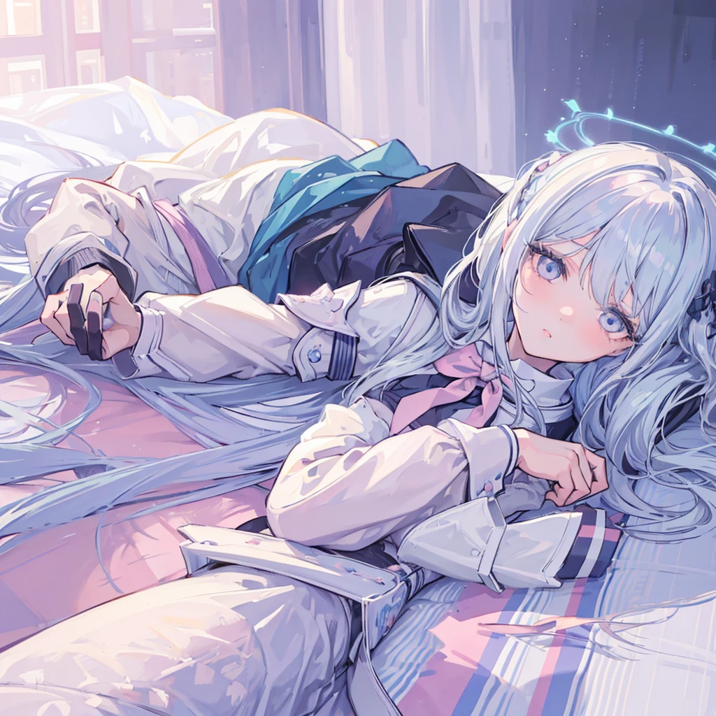 ((masterpiece)), ((Best Quality 4k)), (Ultra-detailed), anime style, cute, 1 girl lying on the bed, beautiful detailed eyes, beautiful detailed lips, extremely detailed face, long eyelashes, serene expression, soft lighting, pastel colors, dreamy atmosphere, peaceful, cozy bedroom interior, silk sheets, plush pillows, sunlight filtering through curtains