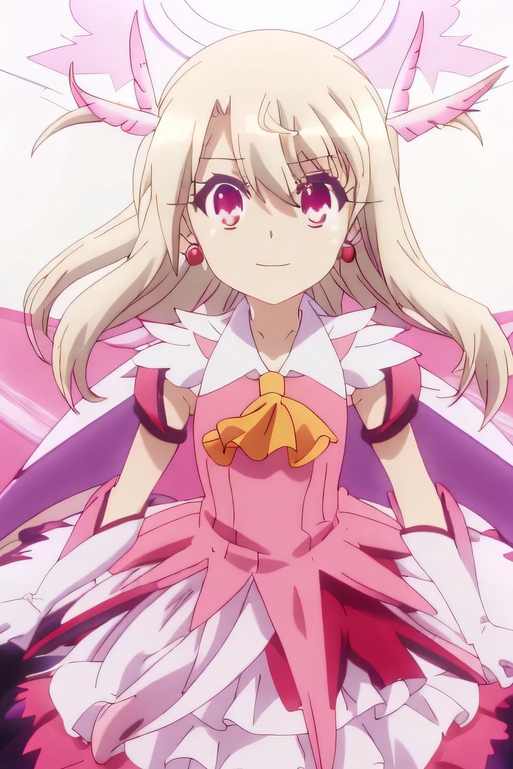 Illyasviel von Neinzbern, Illyasviel von Einzbern, blonde, Hair between the eyes, Long Hair, (Red eyes:1.5),(child:1.7), {{{masterpiece}}}, {{{Highest quality}}}, {{Very detailed}}, {shape}, {{Very delicate and beautiful}}, 8K, Browsing Caution, Illyasviel von Einzbern(destiny/Kaleido Liner Prisma Illya), Illyasviel von Neinzbern, Illyasviel von Einzbern, Long Hair, blonde, (Red eyes:1.3), (Parted bangs:1.5), smile, Break the hair ornament, gloves, dress, jewelry, Earrings, Removable sleeves, Ascot, Magical girl, feather, pink dress, Feather hair ornament, プリズマ☆イリヤ,White Background