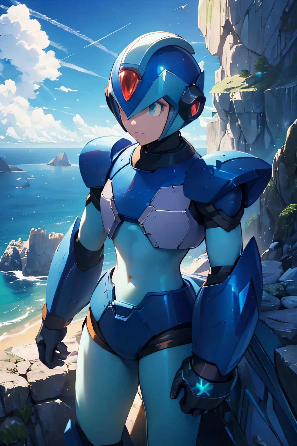 x_megamanx, solo, 1boy, male focus, helmet, android, blue armor, green eyes, masterpiece, high quality, arm cannon, overlooking the ocean on the edge of a rock, in the style of avian-themed, realistic yet stylized, villagecore, azure, orange and azure, dragoncore, aerial view