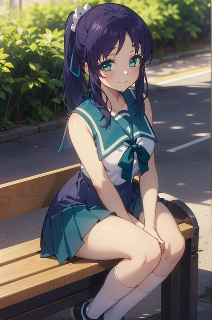 1girl,solo,outdoor,bench,sitting,smile,
 aatisaki,blue_hair,blue_eyes,side_ponytail,tisakiuniform,sailor_dress,school_uniform,serafuku,looking viewer,sleeveless