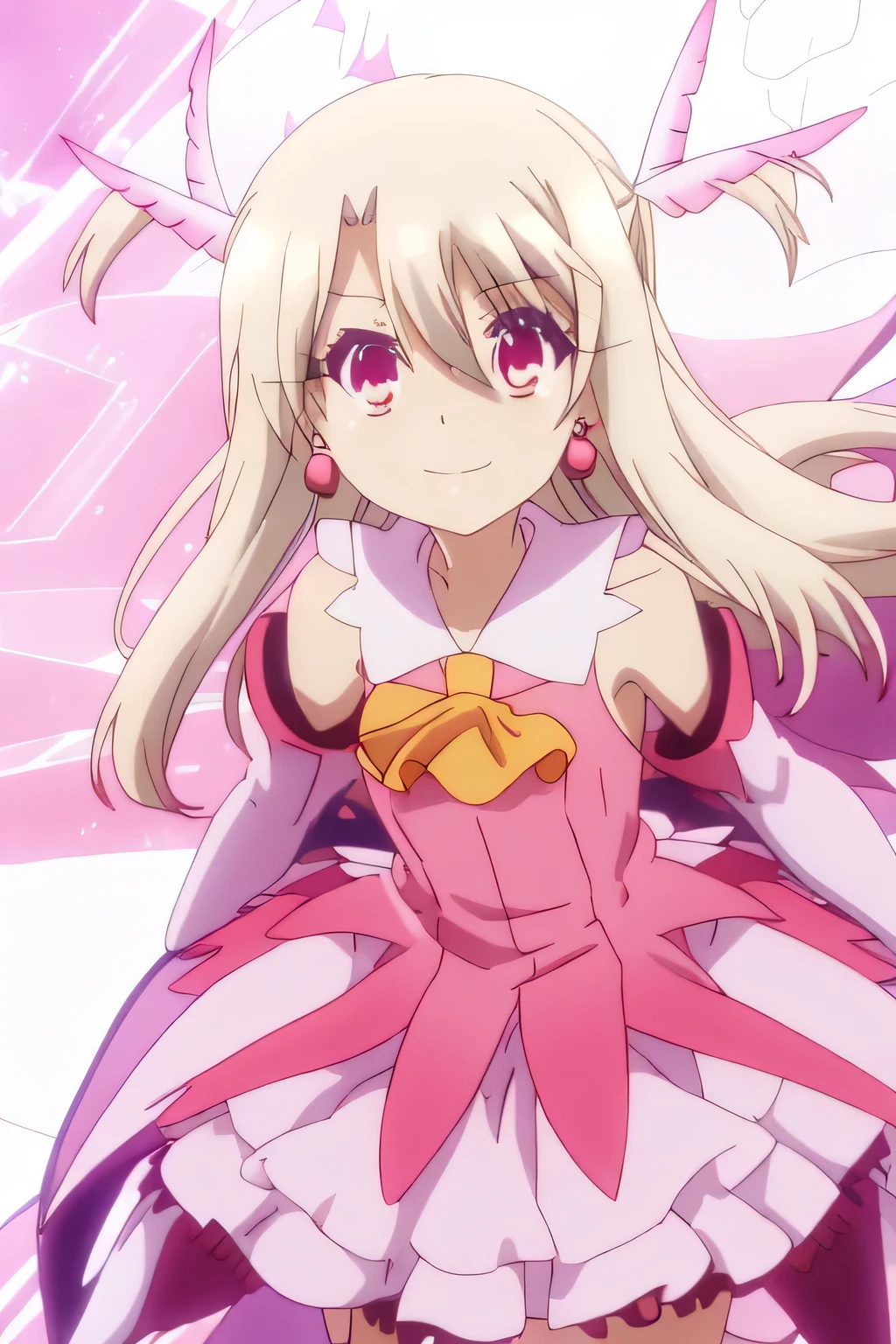 Illyasviel von Neinzbern, Illyasviel von Einzbern, blonde, Hair between the eyes, Long Hair, (Red eyes:1.5),(child:1.7), {{{masterpiece}}}, {{{Highest quality}}}, {{Very detailed}}, {shape}, {{Very delicate and beautiful}}, 8K, Browsing Caution, Illyasviel von Einzbern(destiny/Kaleido Liner Prisma Illya), Illyasviel von Neinzbern, Illyasviel von Einzbern, Long Hair, blonde, (Red eyes:1.3), (Parted bangs:1.5), smile, Break the hair ornament, gloves, dress, jewelry, Earrings, Removable sleeves, Ascot, Magical girl, feather, pink dress, Feather hair ornament, プリズマ☆イリヤ,White Background