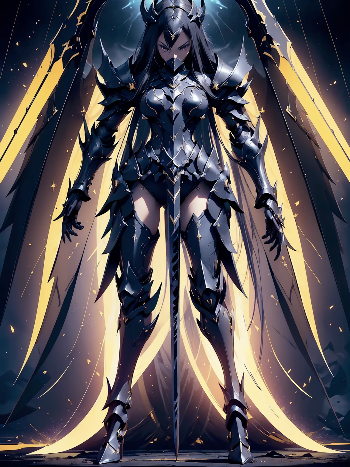 (((masterpiece, best quality, high detailed, 8k))) Design a layout showcase Gaming character, (1girl). Black+Gold armor, stylish and unique. ((showcase weapon:1.4)), dark scythe. (masterpiece:1.2), (best quality), 4k, ultra-detailed. (Step by step design, layout art:1.5), (luminous lighting, atmospheric lighting). necromancer, ((glove full hands)), (((revealing armor:1.3))), vambraces, armored legwear, (((full_body_shot:1.4))). {In a haunted graveyard}.
