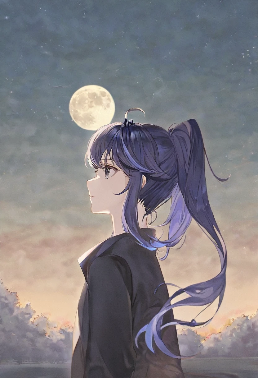 girl. With indigo hair.Gray eyes.Indigo hair.pony tail.Gray eyes.Calm weather.Somewhere under the moon.