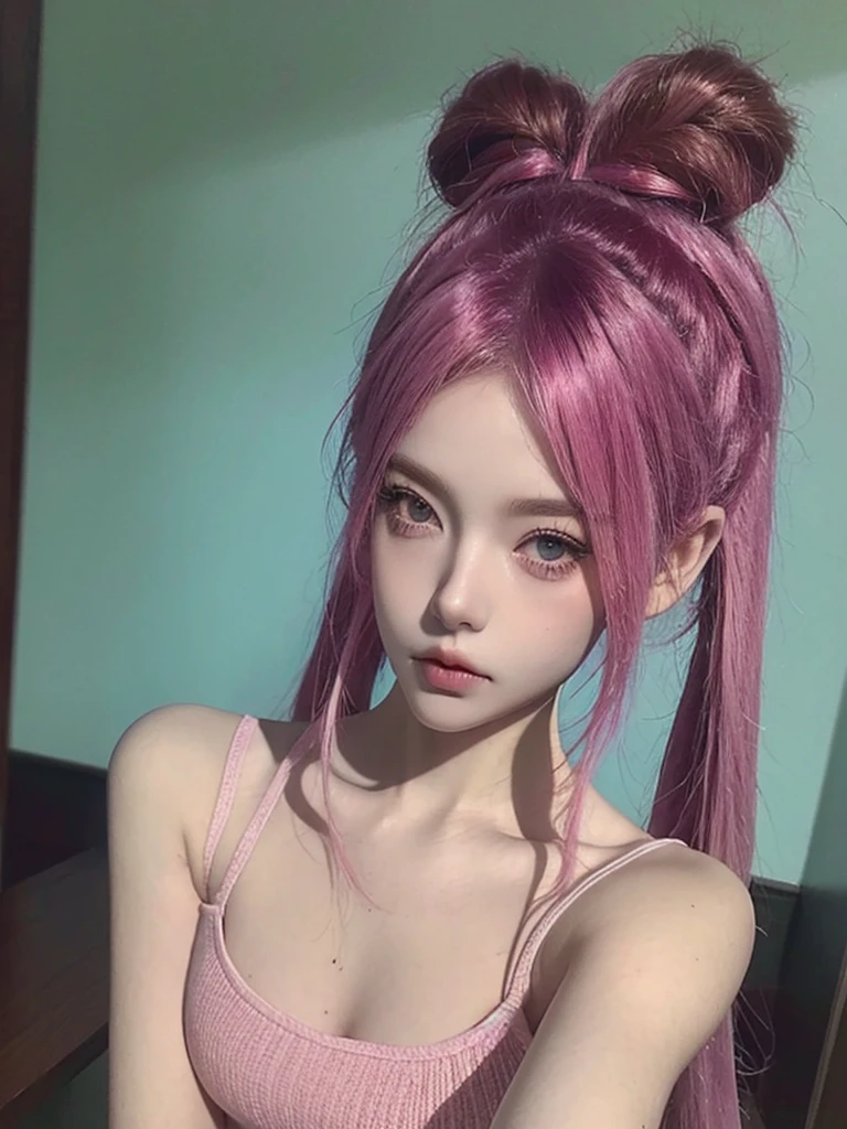 BJD doll face, beautiful girl, pink hair, two pigtails, long pigtails,  quiet, selfie 