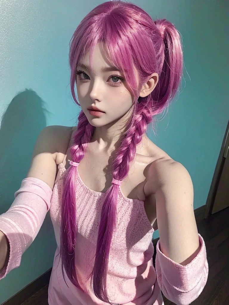 BJD doll face, beautiful girl, pink hair, two pigtails, long pigtails, quiet, selfie