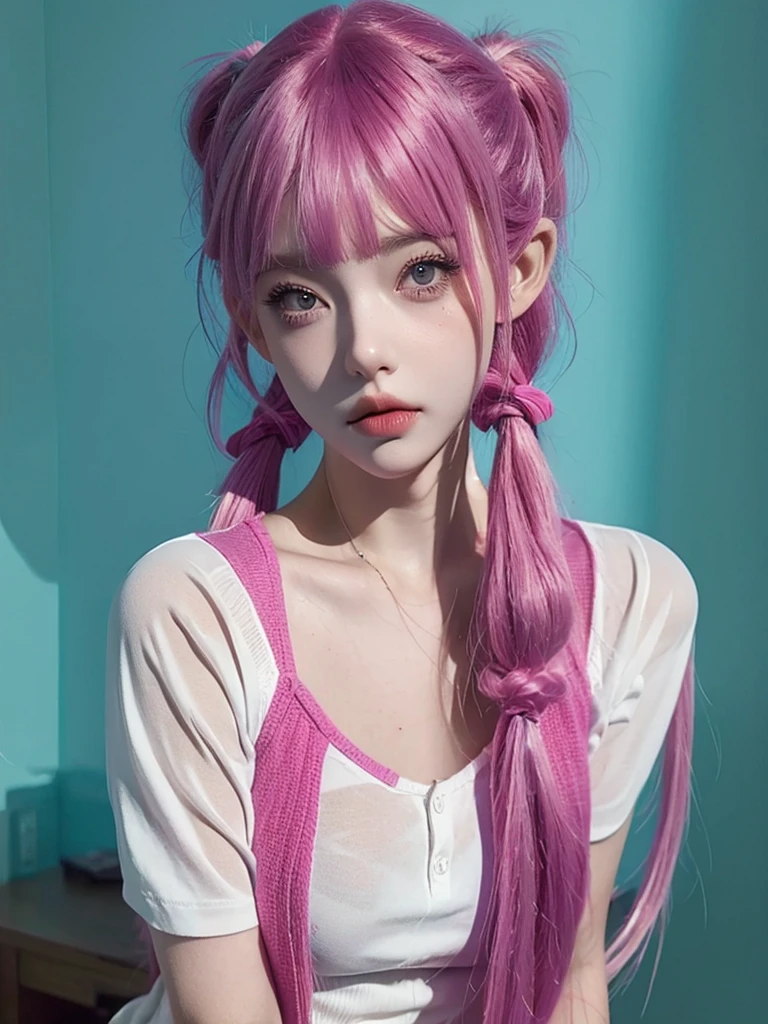 BJD doll face, beautiful girl, pink hair, two pigtails, long pigtails, quiet, selfie