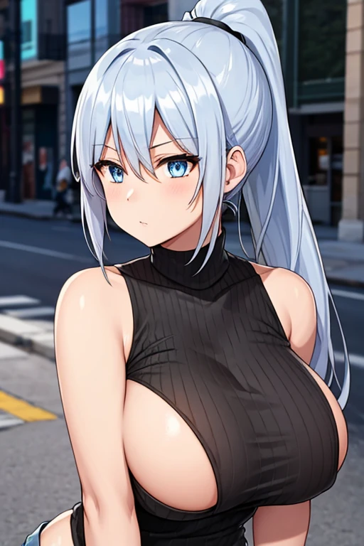 office Street, silver hair, blue eyes, black skin, folded ponytail, sexy, huge breasts, side sleeveless knit