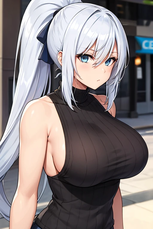 office Street, silver hair, blue eyes, black skin, folded ponytail, sexy,  huge breasts, side　sleeveless knit