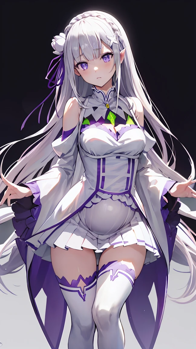 Lezero Emilia, emilia, braid, Crown braid, flower, Hair Flower, hair ornament, Hair Ribbon, Long hair, pointy ear, (Purple eyes:1.2), White hair, x hair ornament,
Break Detach Color, Detached sleeves, frilly sleeves, frilld, Long sleeves, Miniskirt, Pleated skirt, bow ribbon, Skirt, thighs thighs thighs thighs, White skirt, White sleeves, white thighhig, Wide sleeves, zettai ryouiki,
BREAK (masutepiece:1.2), Best Quality, High resolution, Unity 8k Wallpaper, (Illustration:0.8), (Beautiful detailed eyes:1.6), extra detailed face, Perfect Lighting, extremely details CG, (Perfect hands, Perfect Anatomy),is standing、low angles、leggy、Long leguchimuchi、Transparent pupils、, ((Positive pregnancy test))fullbody image、high-heels, Purple Lipstick、saliva, Micro Mini Skirt、(half:1.3), Wide Hips, Thick thighs, (Thigh Gap:1.2), Big Ass, (shaving、1 Girl, whole body,(Big Tits:1.4)