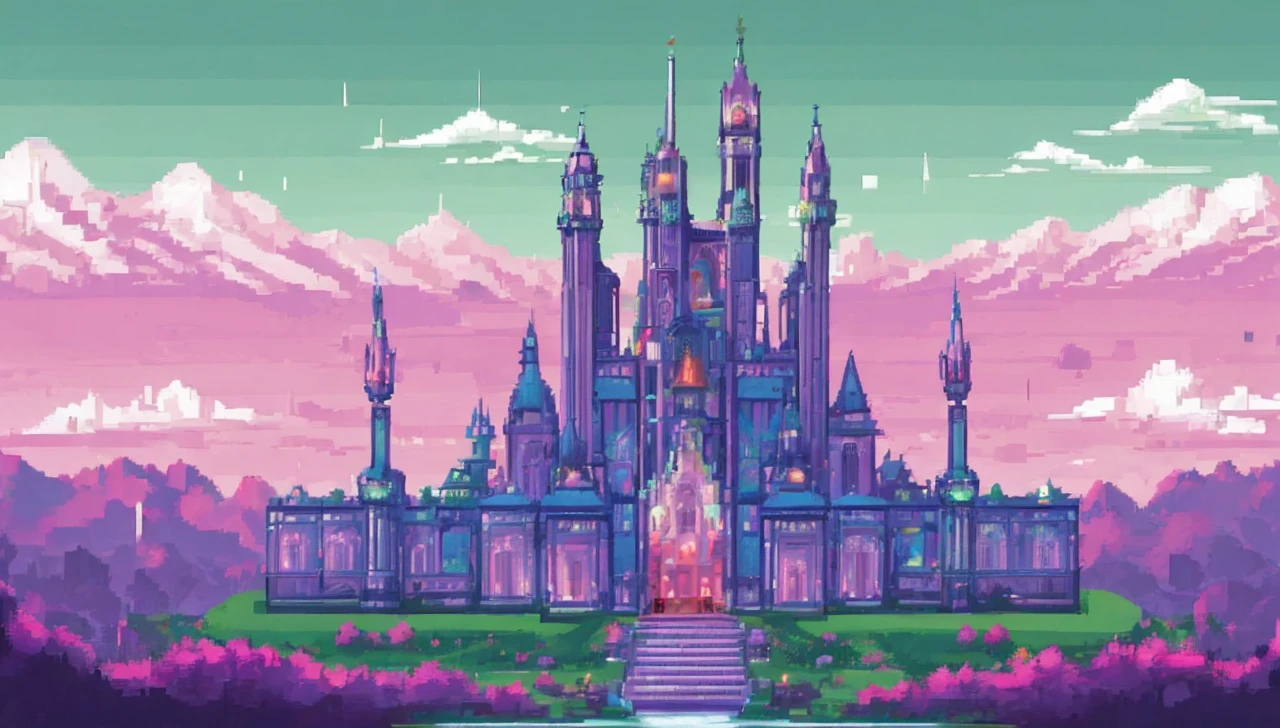 Create a landscape of a futuristic city made of glass with gothic architecture. In the background, a green sky with pink clouds and snowy mountains. The entire city is built entirely of glass and precious stones of various colors.. The city displays highly advanced technology. In the middle, a huge palace of giant crystals and polished white marble in a Gothic style. The city is decorated with waving red flags, purple, green and blue.