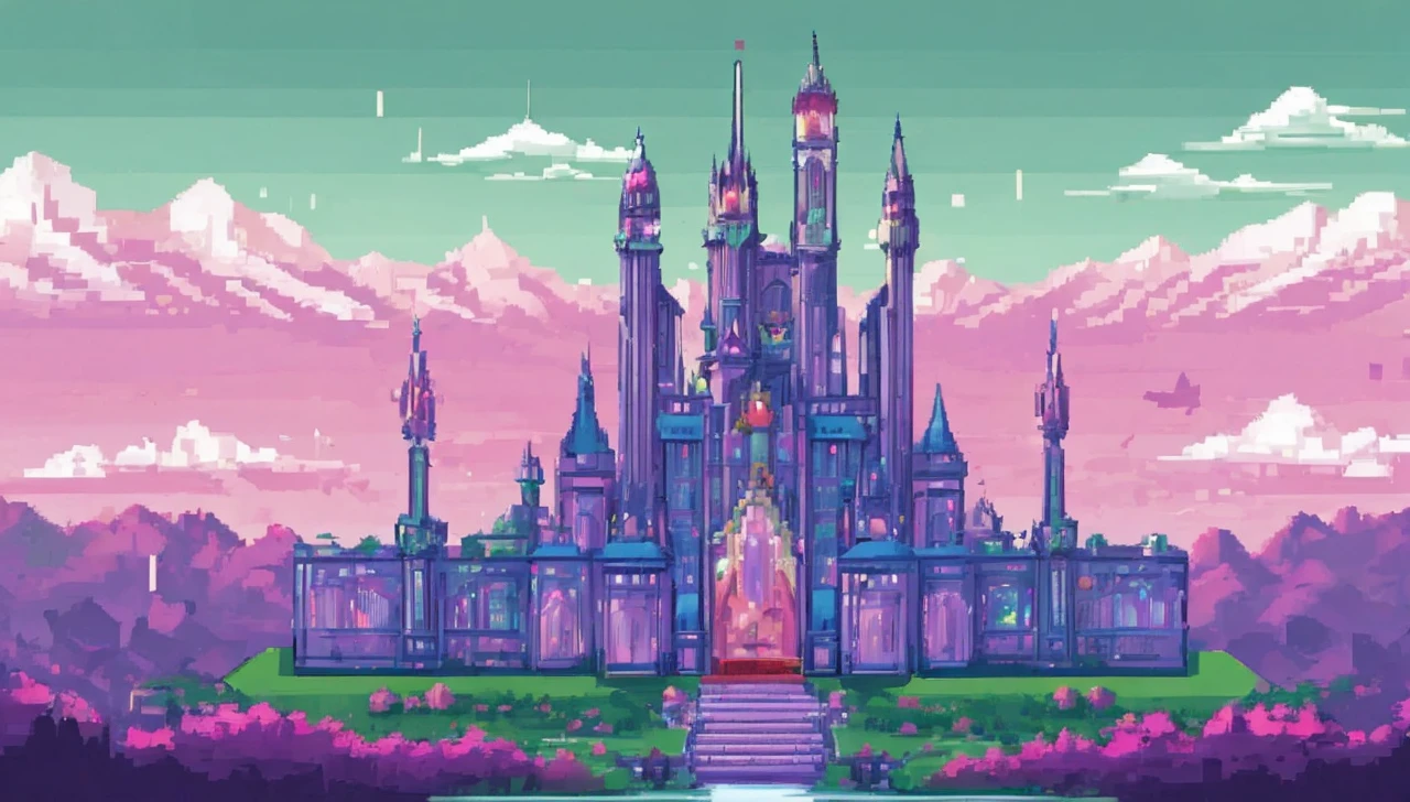 Create a landscape of a futuristic city made of glass with gothic architecture. In the background, a green sky with pink clouds and snowy mountains. The entire city is built entirely of glass and precious stones of various colors.. The city displays highly advanced technology. In the middle, a huge palace of giant crystals and polished white marble in a Gothic style. The city is decorated with waving red flags, purple, green and blue.