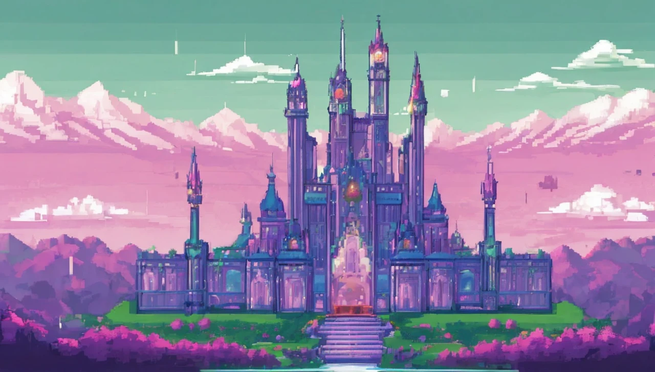 Create a landscape of a futuristic city made of glass with gothic architecture. In the background, a green sky with pink clouds and snowy mountains. The entire city is built entirely of glass and precious stones of various colors.. The city displays highly advanced technology. In the middle, a huge palace of giant crystals and polished white marble in a Gothic style. The city is decorated with waving red flags, purple, green and blue.