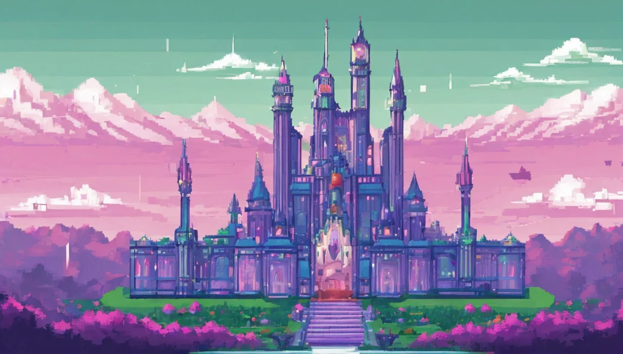 Create a landscape of a futuristic city made of glass with gothic architecture. In the background, a green sky with pink clouds and snowy mountains. The entire city is built entirely of glass and precious stones of various colors.. The city displays highly advanced technology. In the middle, a huge palace of giant crystals and polished white marble in a Gothic style. The city is decorated with waving red flags, purple, green and blue.
