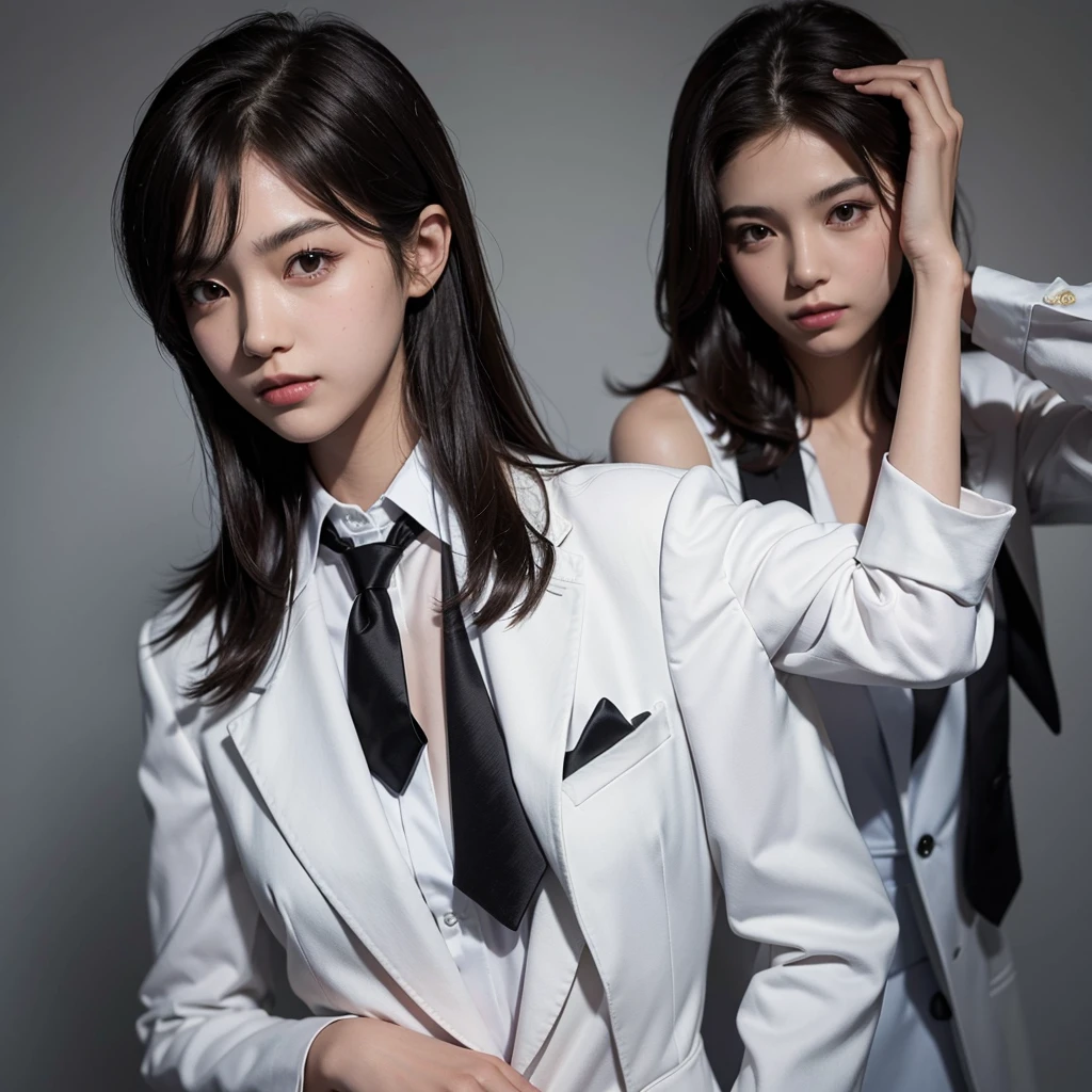 yearbook photo of one 1  with shoulder length short brown hair,with a mature face, wearing white with black blazer and black tie,holding the tie and very pretty, with plain background, bust shot