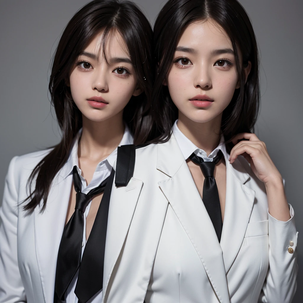 yearbook photo of one 1 with shoulder length short brown hair,with a mature face, wearing white with black blazer and black tie,holding the tie and very pretty, with plain background, bust shot