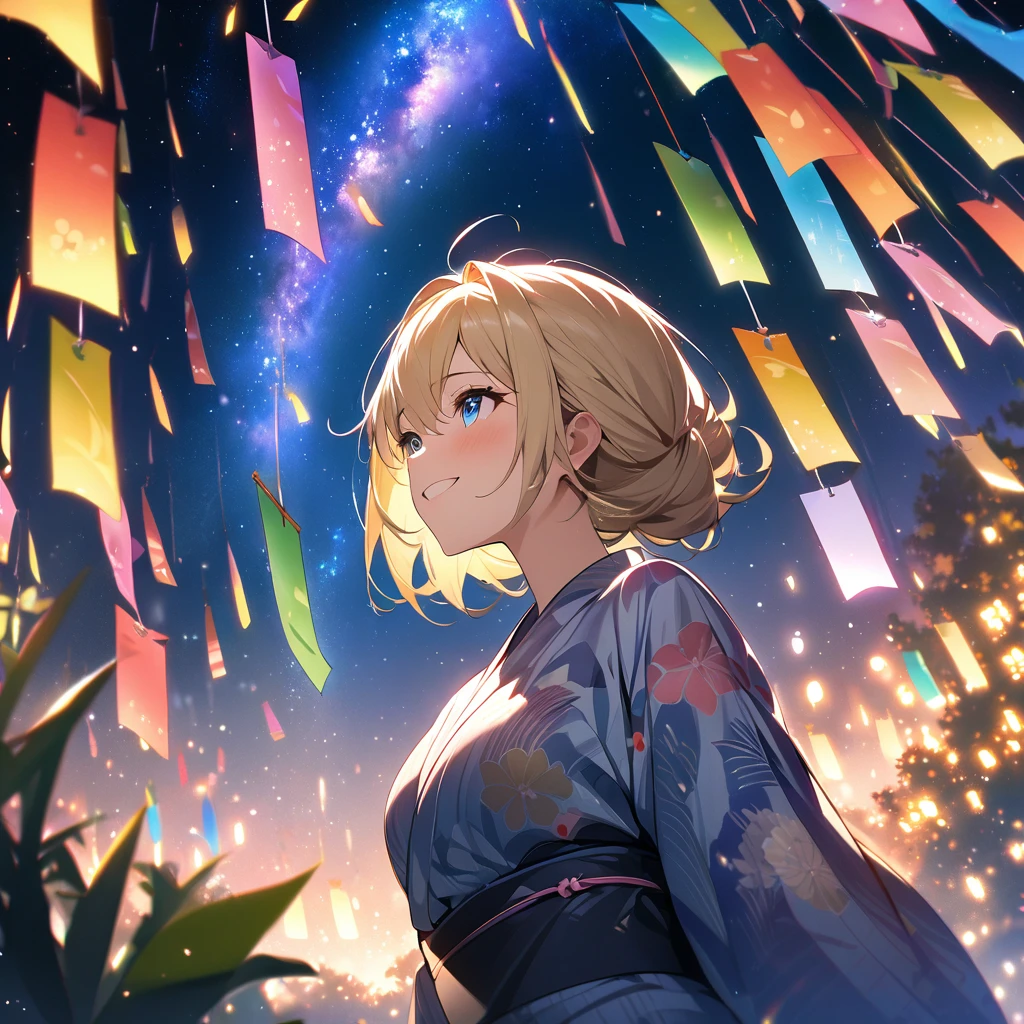 Top quality, masterpiece, Wishing Girl,Blonde,blue eyes,Double Exposure, best smile, looking up at the sky, yukata, Milky Way, night view, Tanabata Festival, large tall bamboos and colorful hanging decoration,gold light particles effect