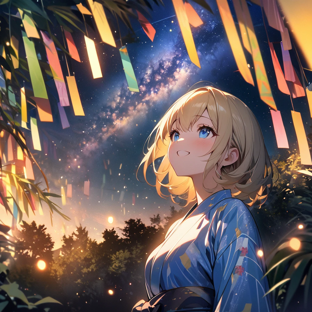 Top quality, masterpiece, Wishing Girl,Blonde,blue eyes,Double Exposure, best smile, looking up at the sky, yukata, Milky Way, night view, Tanabata Festival, large tall bamboos and colorful hanging decoration,gold light particles effect