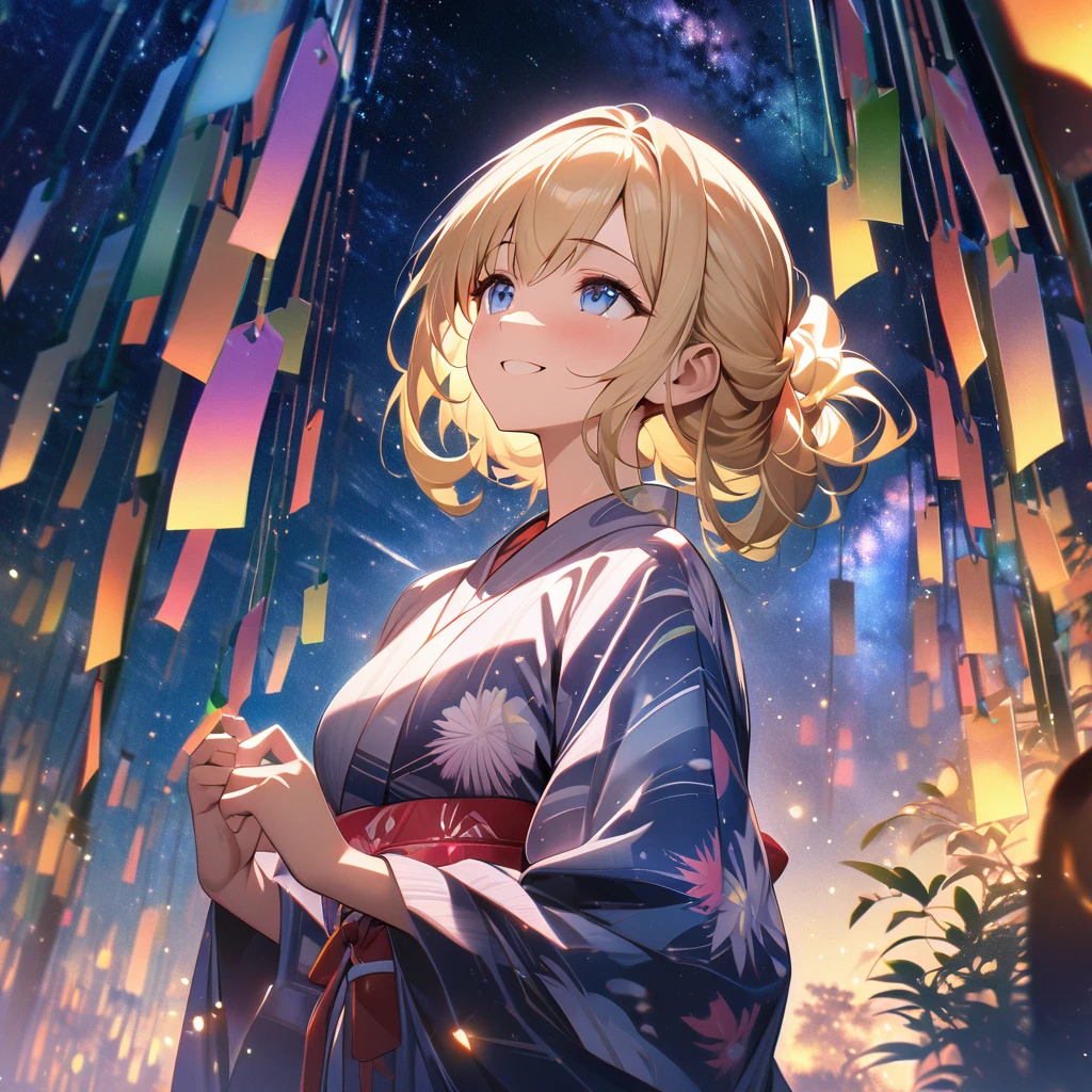 Top quality, masterpiece, Wishing Girl,Blonde,blue eyes,Double Exposure, best smile, looking up at the sky, yukata, Milky Way, night view, Tanabata Festival, large tall bamboos and colorful hanging decoration,gold light particles effect