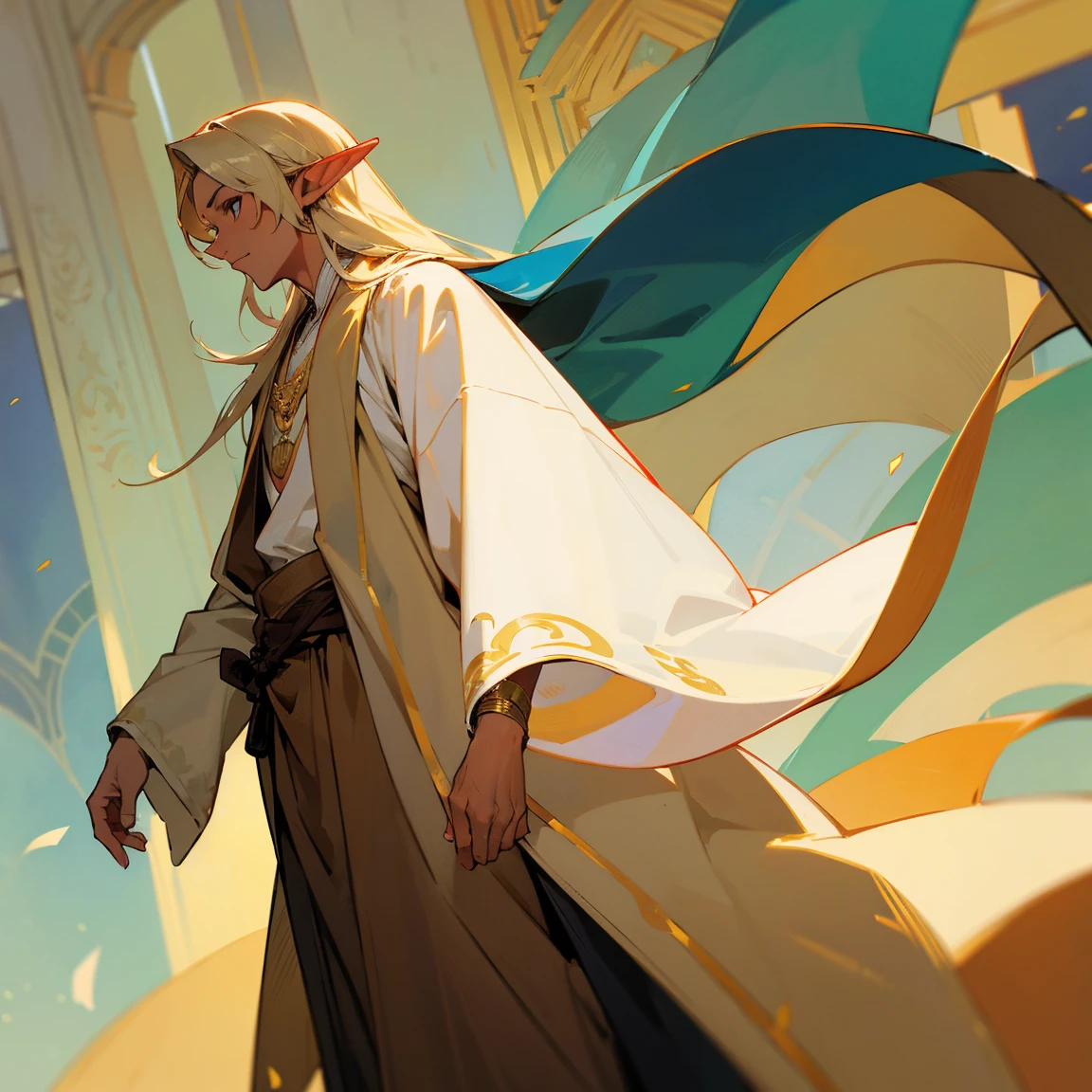 Elf, Arabian style, adult Male, tan skin, Elf, elegant robes