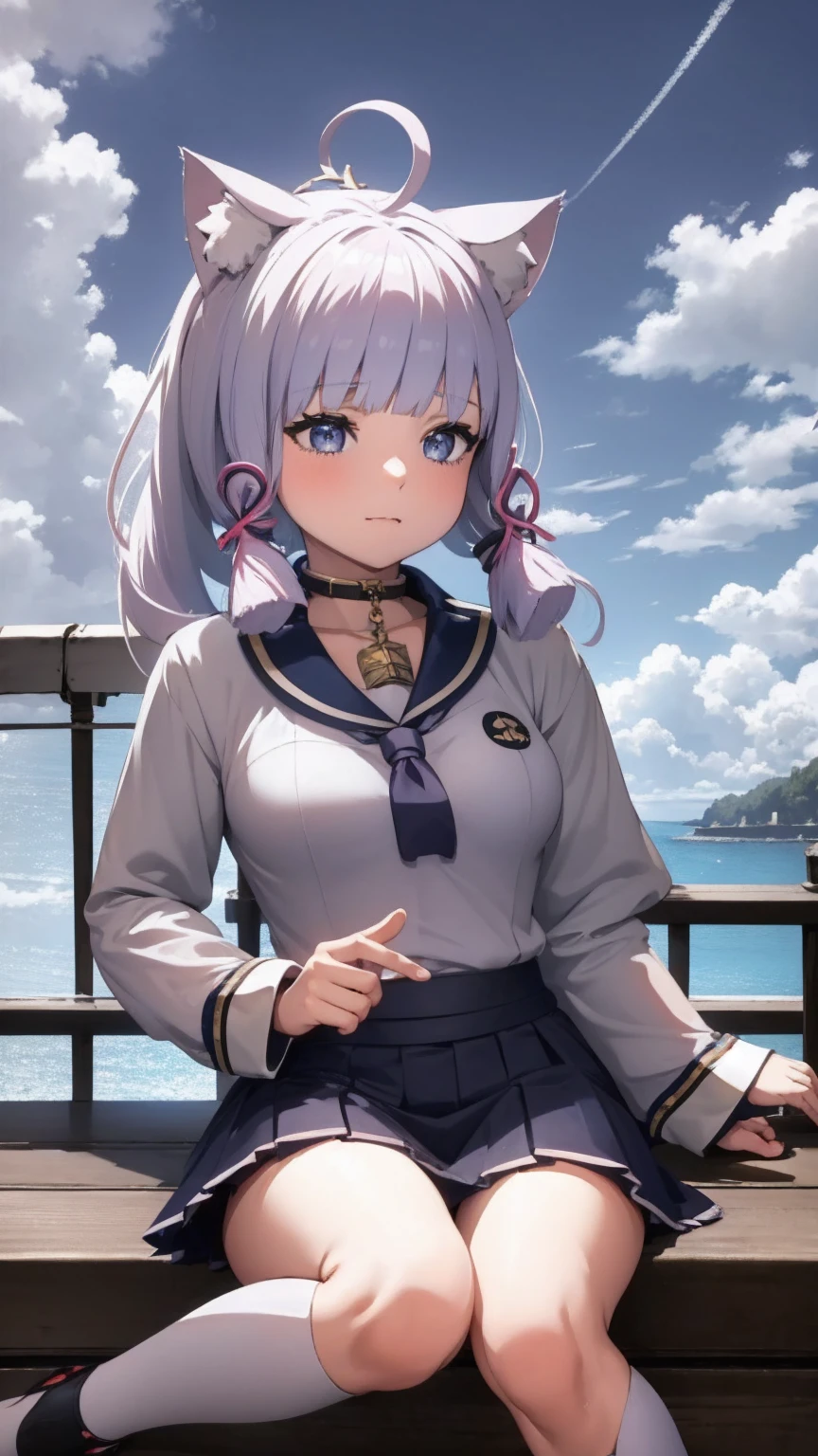 ((masterpiece, best quality)),a girl, solo, skirt, sky, sitting, thigh high socks, serafuku, cloud,outdoors ,day, bangs, fence, shirt, ahoge, rooftop, long hair, white thigh high socks,long hair, long white hair, white hair, white sailor collar,blue eyes, sailor collar, navy blue skirt, red neckerchief, white serafuku, animal ears, animal tail, no human ears, blue sky,white shirt, looking at viewer, closed mouth,cat ears, navy blue skirt, cloudy sky, pleated,no shoes,full body,landscape, aircraft carrier, katana, katana left hip, short girl, navy blue skirt