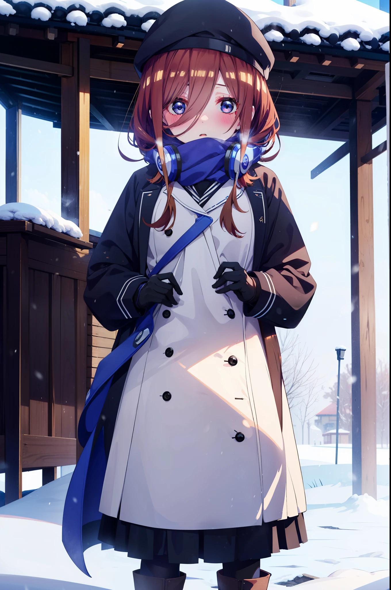 Mikunakano, miku nakano, Long Hair, bangs, blue eyes, Brown Hair, shirt, Hair between the eyes,blush, Open your mouth,White Breath,Scarf,Headphones around neck,Knitted hat,Blue long coat,V-neck sweater,Long skirt,Black pantyhose,short boots,Fluffy gloves,Standing leaning against a wall,Snow is piled up,It&#39;s snowing,whole bodyがイラスト入るように,Hidden in a building with a roof,
break outdoors, Building district,
break looking at viewer, whole body,
break (masterpiece:1.2), Highest quality, High resolution, unity 8k wallpaper, (figure:0.8), (Beautiful attention to detail:1.6), Highly detailed face, Perfect lighting, Highly detailed CG, (Perfect hands, Perfect Anatomy),