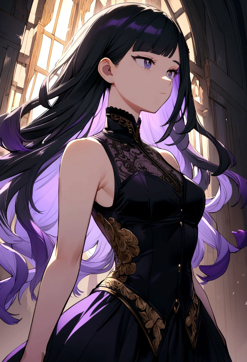 a pretty teenage girl with black hair with purple tips and loose hair bangs, with an all-black sleeveless and high-necked suit MY HERO ACADEMIA STYLE