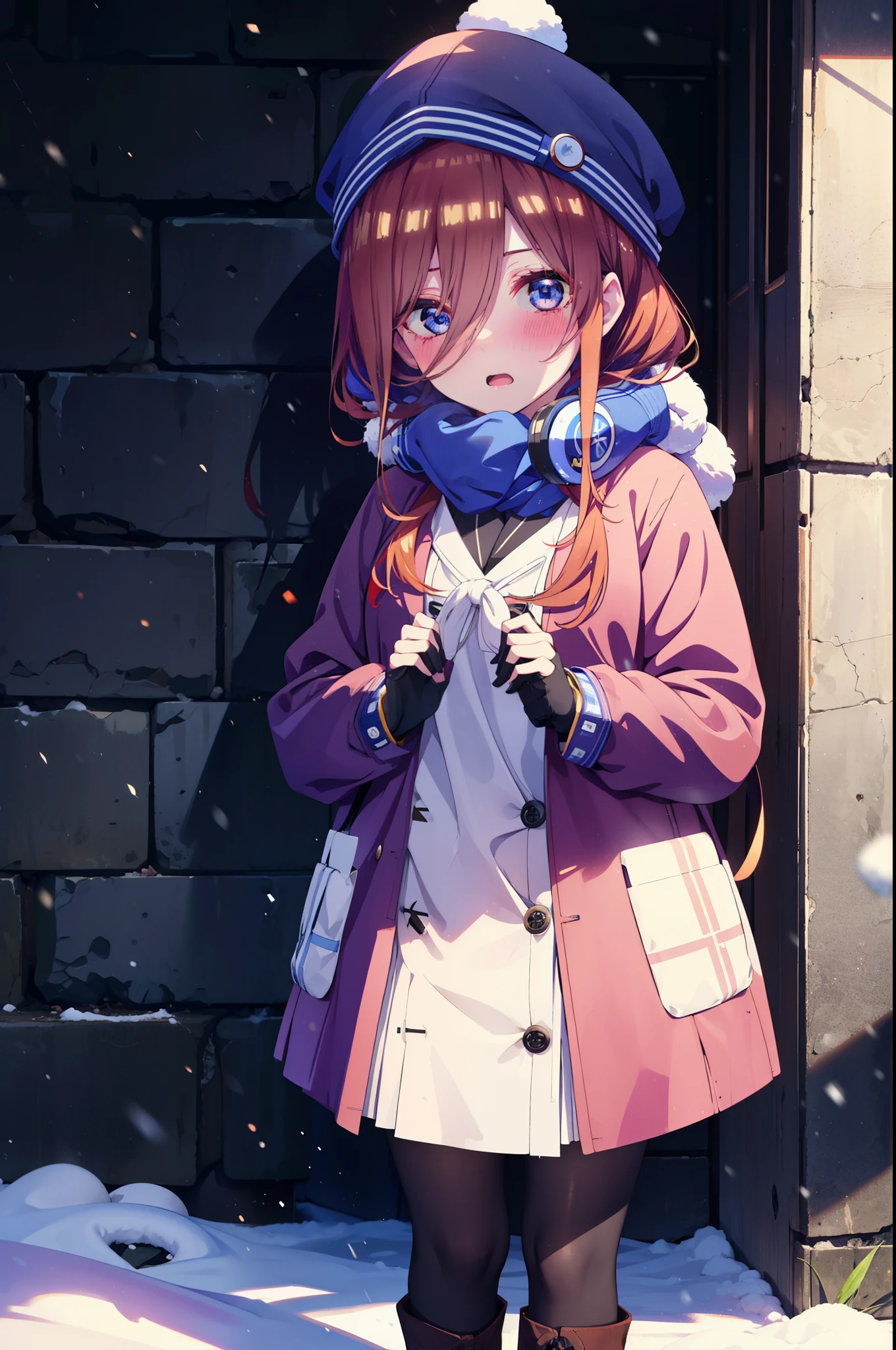 Mikunakano, miku nakano, Long Hair, bangs, blue eyes, Brown Hair, shirt, Hair between the eyes,blush, Open your mouth,White Breath,Scarf,Headphones around neck,Knitted hat,Blue long coat,V-neck sweater,Long skirt,Black pantyhose,short boots,Fluffy gloves,Standing leaning against a wall,Snow is piled up,It&#39;s snowing,whole bodyがイラスト入るように,Hidden in a building with a roof,
break outdoors, Building district,
break looking at viewer, whole body,
break (masterpiece:1.2), Highest quality, High resolution, unity 8k wallpaper, (figure:0.8), (Beautiful attention to detail:1.6), Highly detailed face, Perfect lighting, Highly detailed CG, (Perfect hands, Perfect Anatomy),