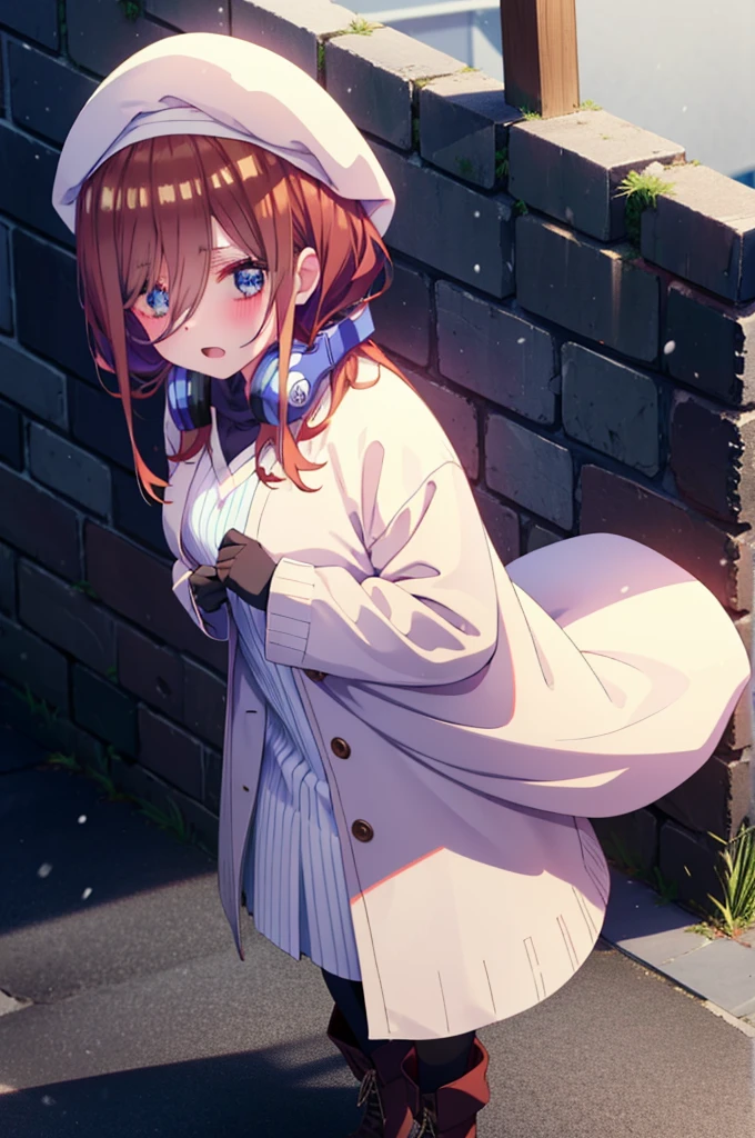 Mikunakano, miku nakano, Long Hair, bangs, blue eyes, Brown Hair, shirt, Hair between the eyes,blush, Open your mouth,White Breath,Scarf,Headphones around neck,Knitted hat,Blue long coat,V-neck sweater,Long skirt,Black pantyhose,short boots,Fluffy gloves,Standing leaning against a wall,Snow is piled up,It&#39;s snowing,whole bodyがイラスト入るように,Hidden in a building with a roof,
break outdoors, Building district,
break looking at viewer, whole body,
break (masterpiece:1.2), Highest quality, High resolution, unity 8k wallpaper, (figure:0.8), (Beautiful attention to detail:1.6), Highly detailed face, Perfect lighting, Highly detailed CG, (Perfect hands, Perfect Anatomy),