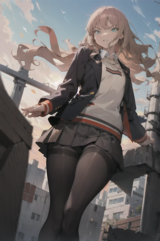 MinamiSchoolUniform, black hose, black jacket, best quality, masterpiece, highres,from below,looking viewer,angry