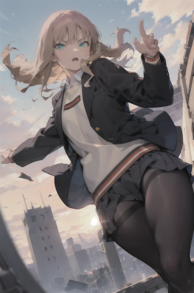 MinamiSchoolUniform, black pantyhose, black jacket, best quality, masterpiece, highres,from below,looking viewer,angry